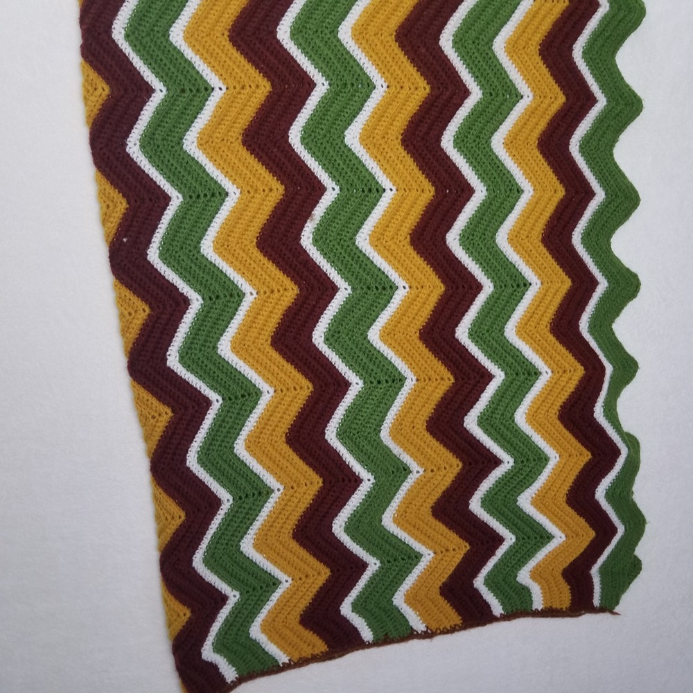 Vintage Crochet Throw Blanket Afghan Chevron Stripes Brown Gold Green White